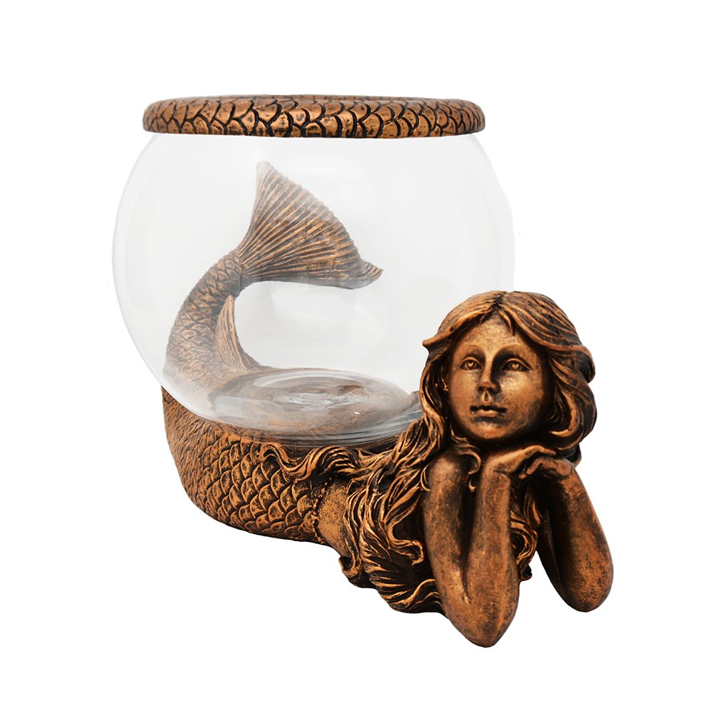 New Mystical Mermaid Decorative Gold Antiqued Glass Fish Bowl Tabletop Aquarium or Terrarium or Candle Holder, New 1 Gallon Size Fish Bowl with River Rocks