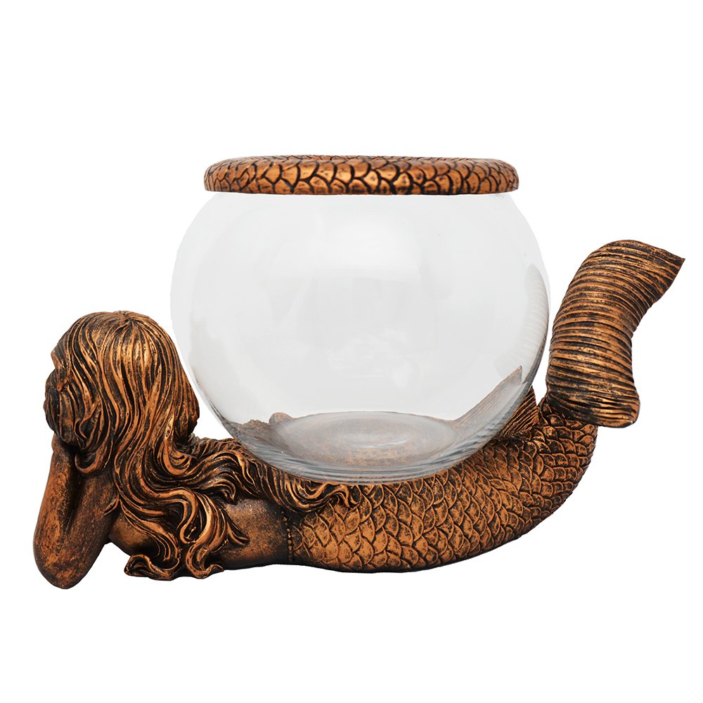 New Mystical Mermaid Decorative Gold Antiqued Glass Fish Bowl Tabletop Aquarium or Terrarium or Candle Holder, New 1 Gallon Size Fish Bowl with River Rocks