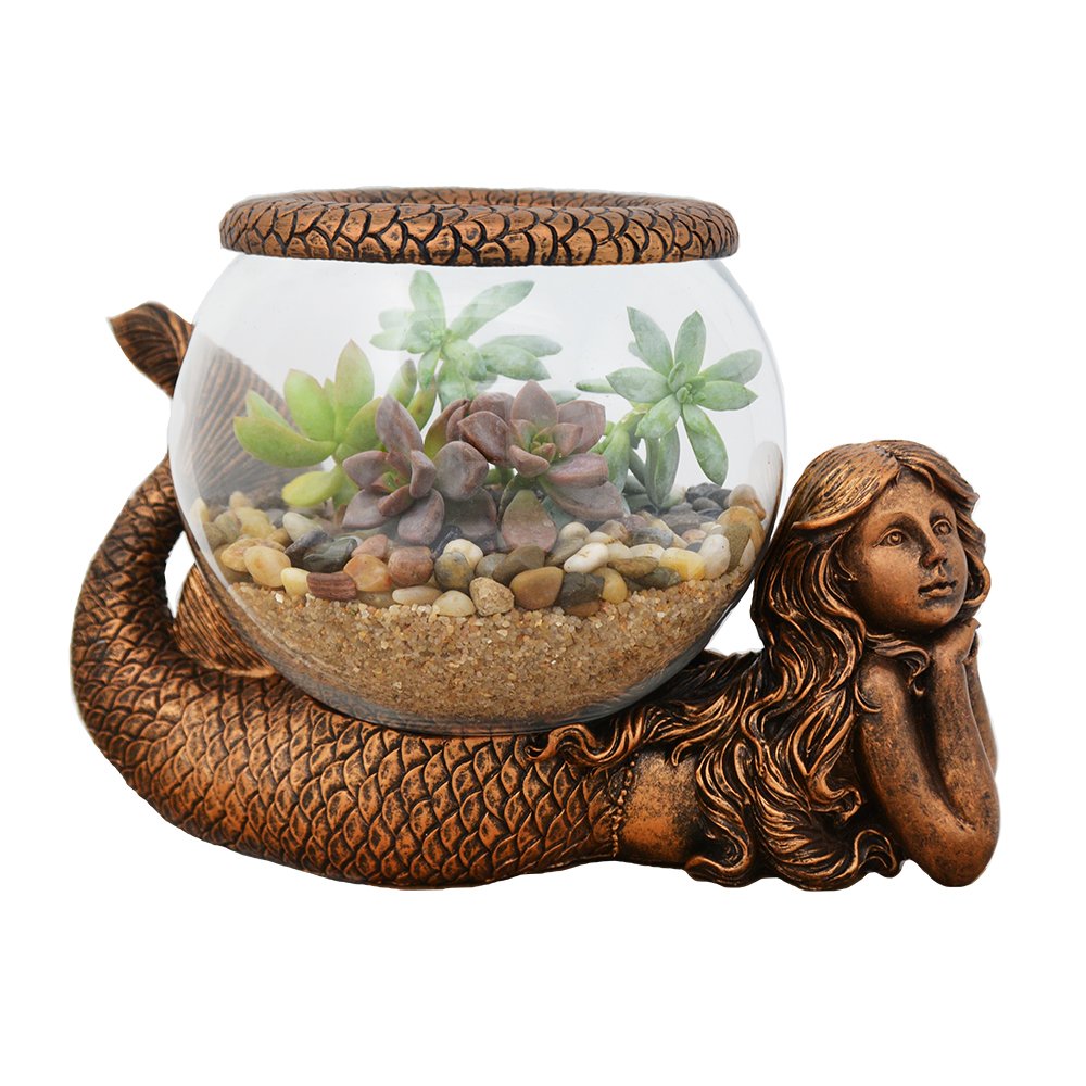 New Mystical Mermaid Decorative Gold Antiqued Glass Fish Bowl Tabletop Aquarium or Terrarium or Candle Holder, New 1 Gallon Size Fish Bowl with River Rocks