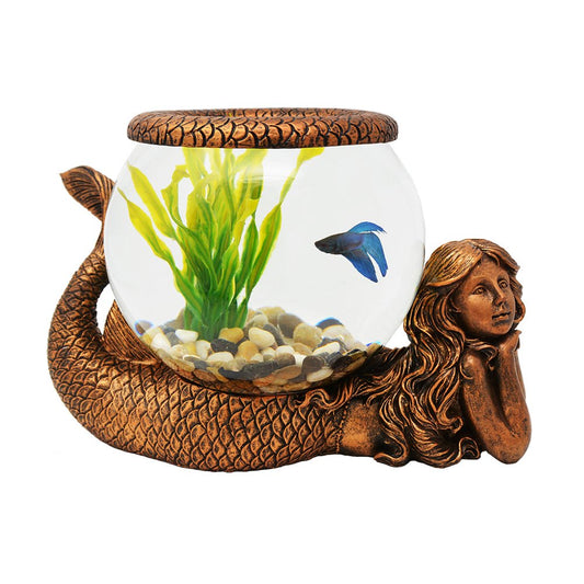 New Mystical Mermaid Decorative Gold Antiqued Glass Fish Bowl Tabletop Aquarium or Terrarium or Candle Holder, New 1 Gallon Size Fish Bowl with River Rocks