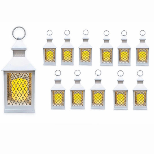 Farm House Lanterns (12 Pc Set) 10" Decorative Lanterns with Flameless LED Lighted Candle, 5HR Timer, Weather Resistant - Indoor Outdoor Home Garden Weddings W/Bonus String Lights!