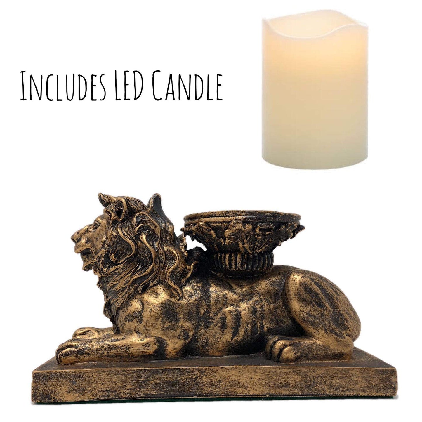 | Lion Figurine Candle Holder | Antique Gold | Flameless LED Pillar Candle & Timer | Home Décor | Beautiful Centerpiece | Perfect Mantle or Shelf Accent | Great Housewarming Gift…