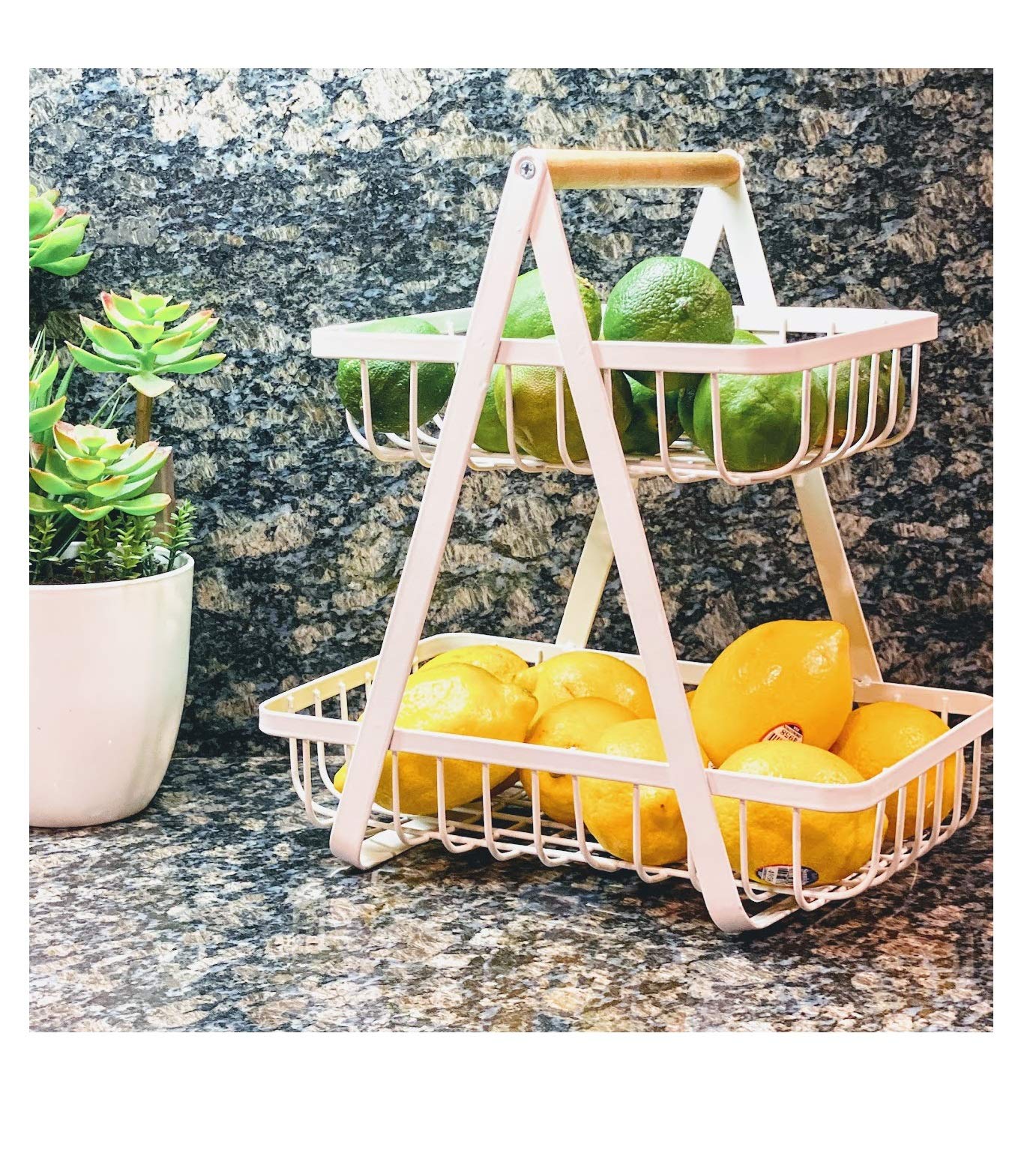Farmhouse 2-Tier Metal Fruit Storage Basket Organizer Display Stand For Home Decoration (White)