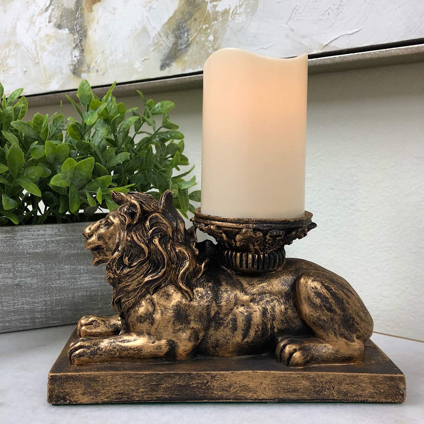 | Lion Figurine Candle Holder | Antique Gold | Flameless LED Pillar Candle & Timer | Home Décor | Beautiful Centerpiece | Perfect Mantle or Shelf Accent | Great Housewarming Gift…