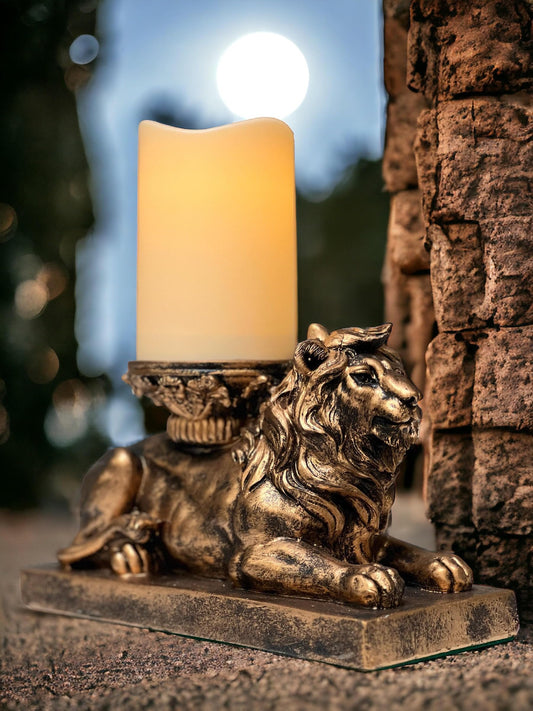 | Lion Figurine Candle Holder | Antique Gold | Flameless LED Pillar Candle & Timer | Home Décor | Beautiful Centerpiece | Perfect Mantle or Shelf Accent | Great Housewarming Gift…