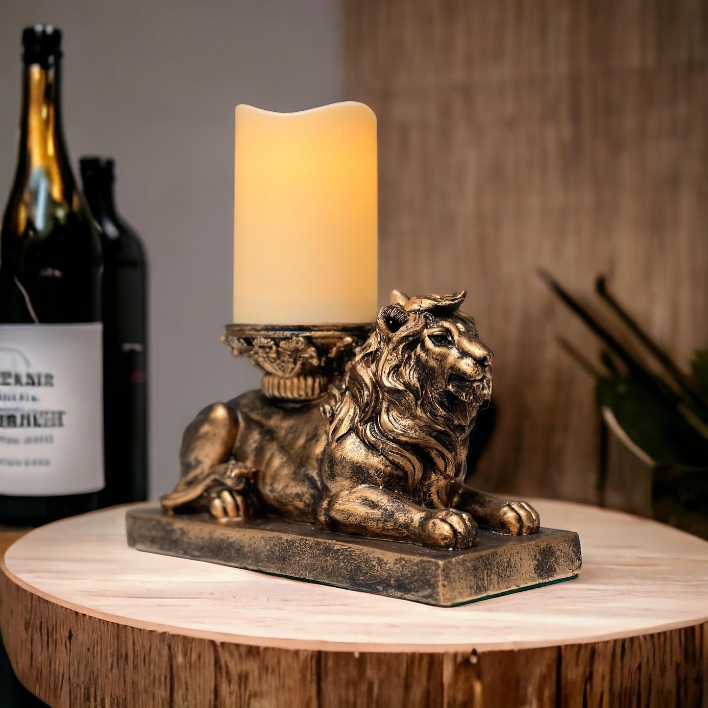 | Lion Figurine Candle Holder | Antique Gold | Flameless LED Pillar Candle & Timer | Home Décor | Beautiful Centerpiece | Perfect Mantle or Shelf Accent | Great Housewarming Gift…