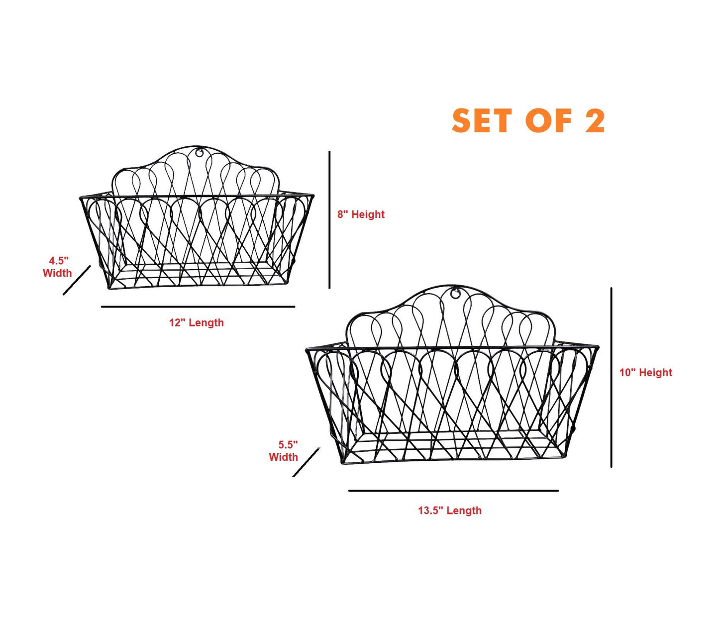 Farmhouse Metal and Wire Hanging Wall Storage Baskets Rectangular - for Flowers, Fruits and Veggies Home Kitchen - (Decorative - Set of 2)