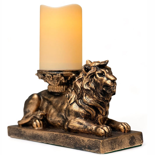 | Lion Figurine Candle Holder | Antique Gold | Flameless LED Pillar Candle & Timer | Home Décor | Beautiful Centerpiece | Perfect Mantle or Shelf Accent | Great Housewarming Gift…