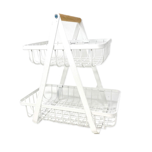 Farmhouse 2-Tier Metal Fruit Storage Basket Organizer Display Stand For Home Decoration (White)