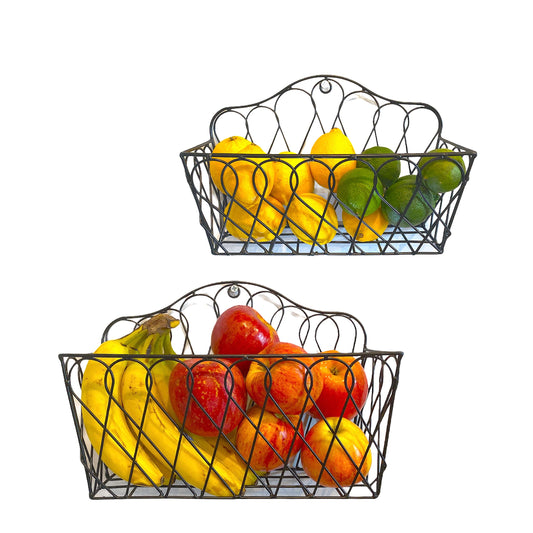 Farmhouse Metal and Wire Hanging Wall Storage Baskets Rectangular - for Flowers, Fruits and Veggies Home Kitchen - (Decorative - Set of 2)